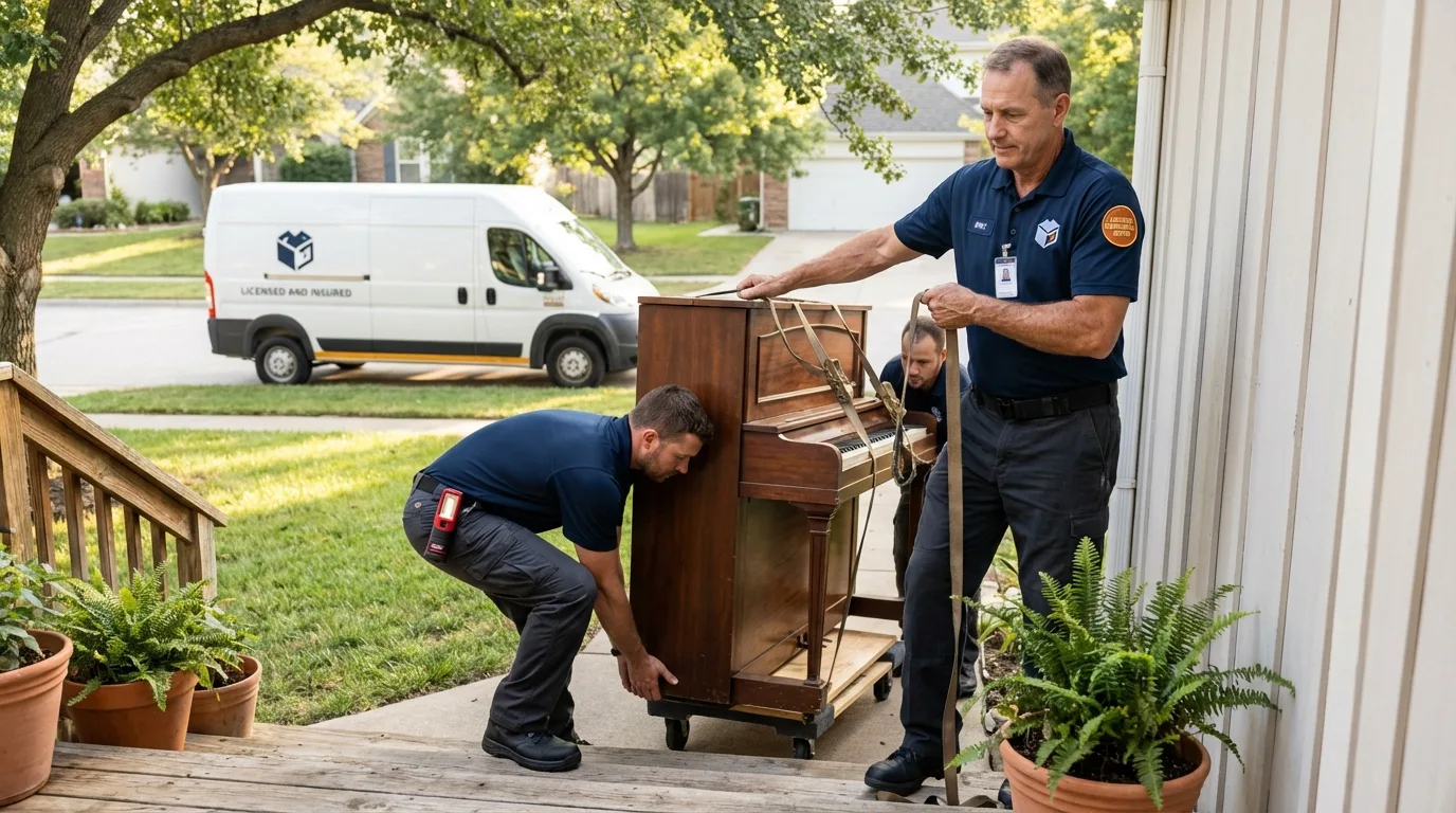 Licensed piano movers securing grand piano in Sebastian, FL
