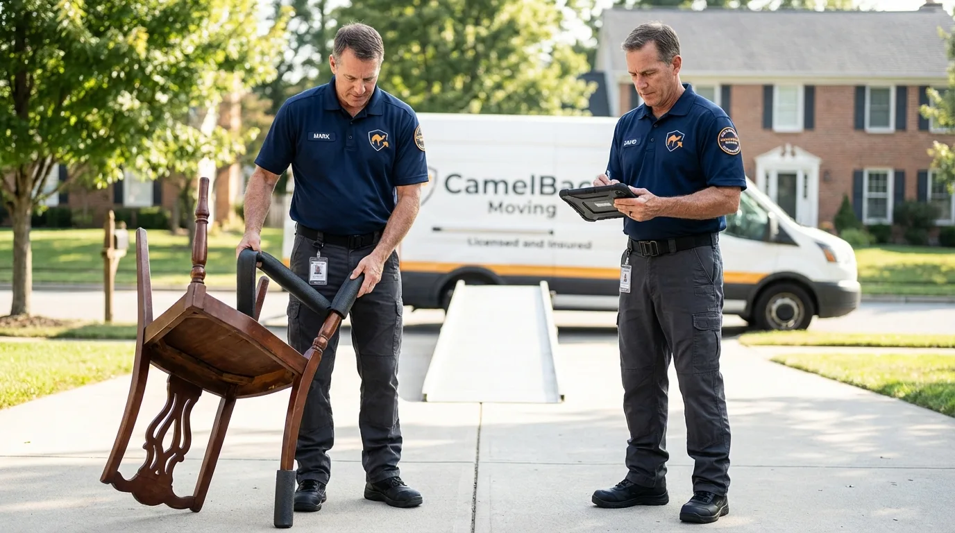 Movers inspecting furniture for damage prevention before loading in Sebastian, FL